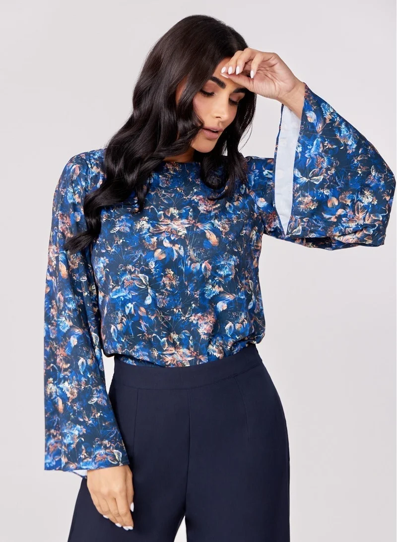 Zigzag Flared Sleeve Chiffon Printed Top